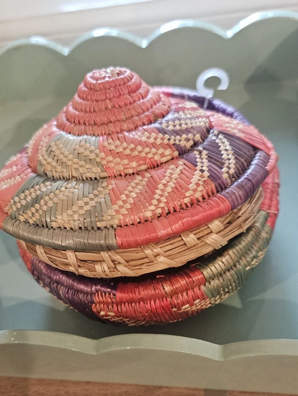 Boho Hand-woven Ethiopian Reed Trinket Basket In Pink Teal And Purple